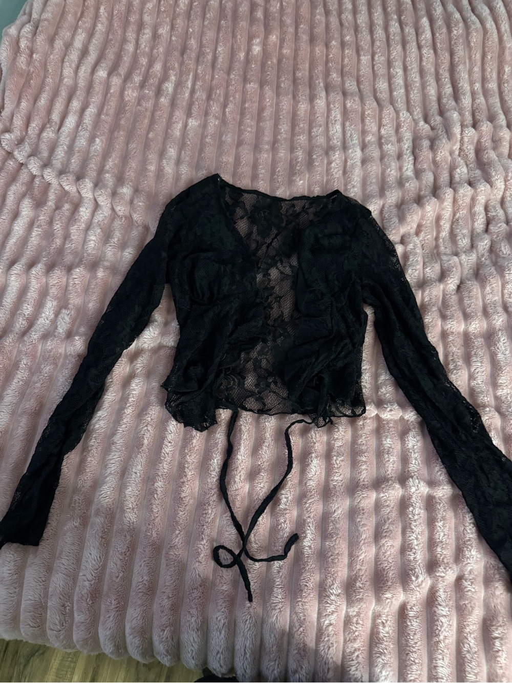 SHEIN Black Sheer Lace Tie-Front Long Sleeve Top